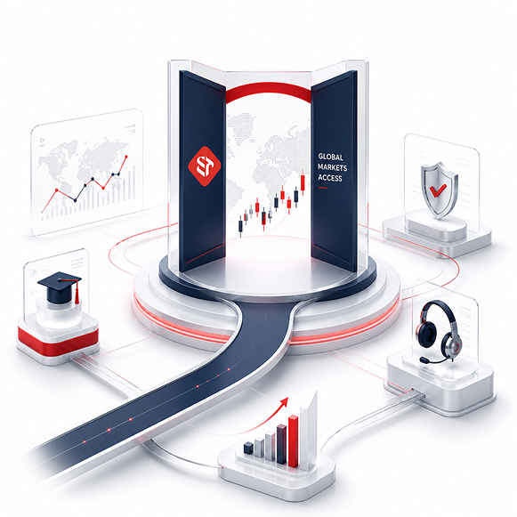 Isometric illustration of STP Trading hub connected to global markets, education, security, support, and growth