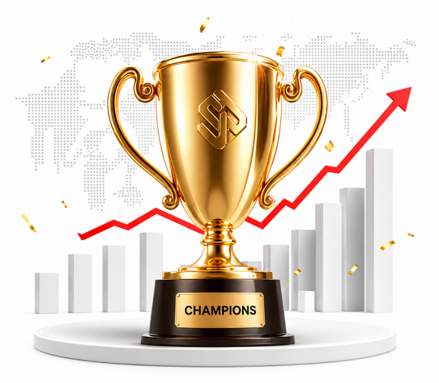 Gold STP Champions trophy on a podium with upward market trend graphics