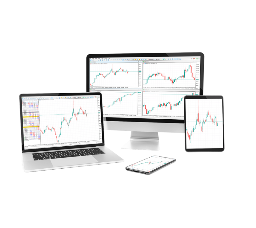 MetaTrader 5 on desktop monitor, laptop, tablet, and smartphone with candlestick charts