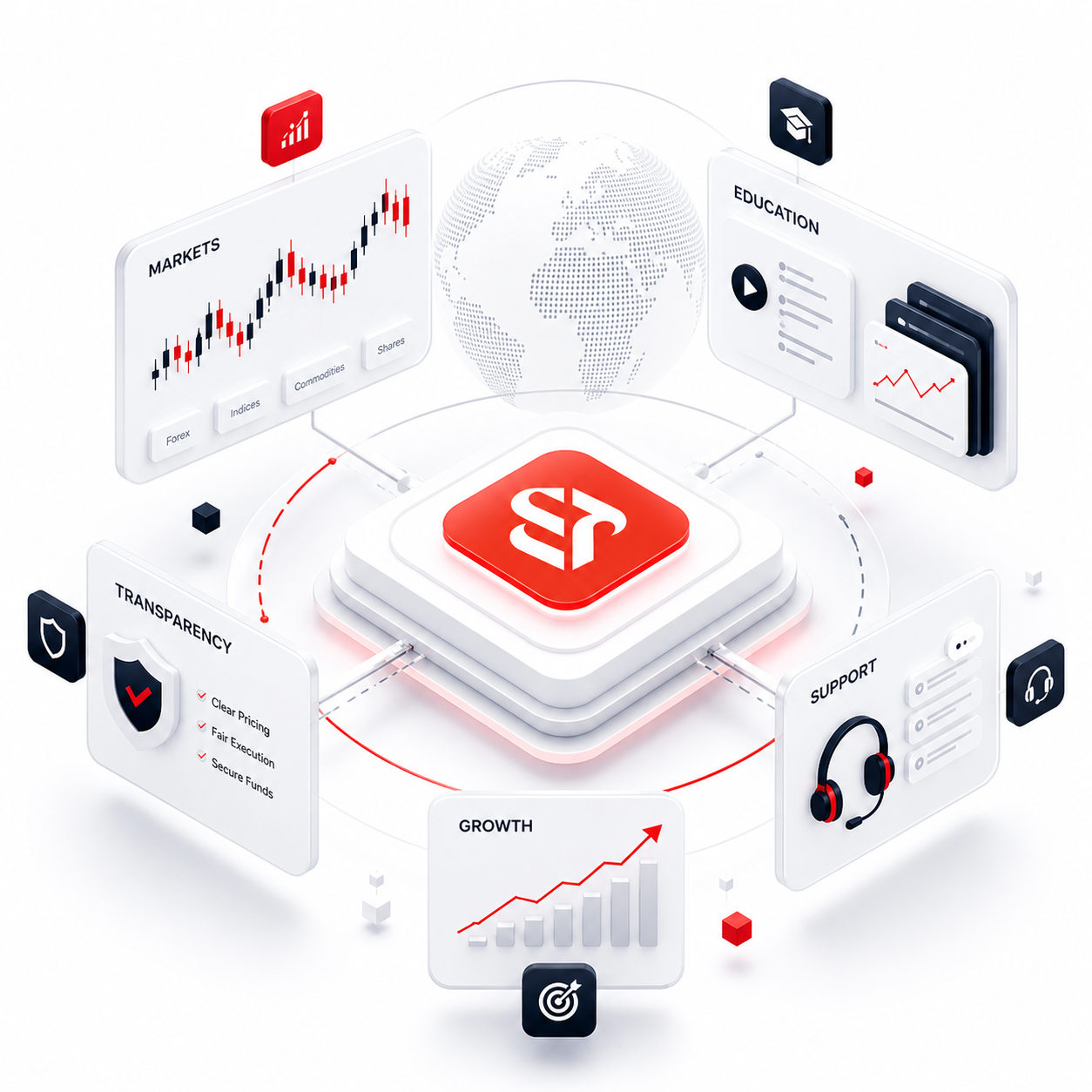 STP hub illustration with trading, education, and support pathways