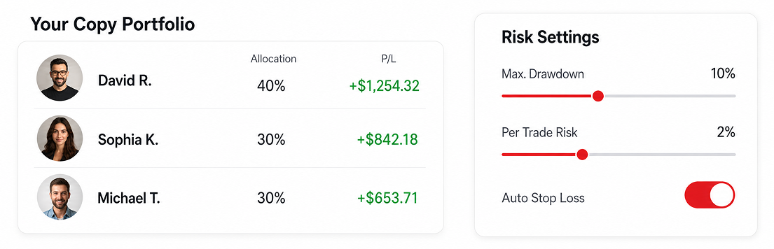 Social Trading dashboard: copy portfolio and risk settings