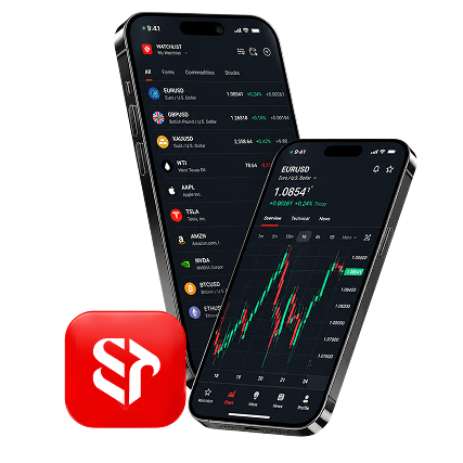 STP Portal app on two phones with watchlist and EURUSD chart